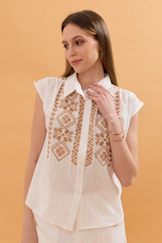 Maya Embroidered Button Up Shirt - Beige