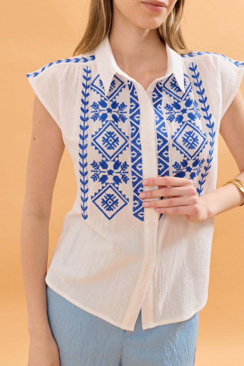 Maya Embroidered Button Up Shirt - White and Blue – Fridays Edit