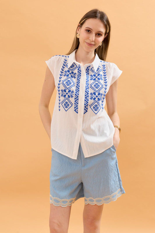 Maya Embroidered Button Up Shirt - White and Blue
