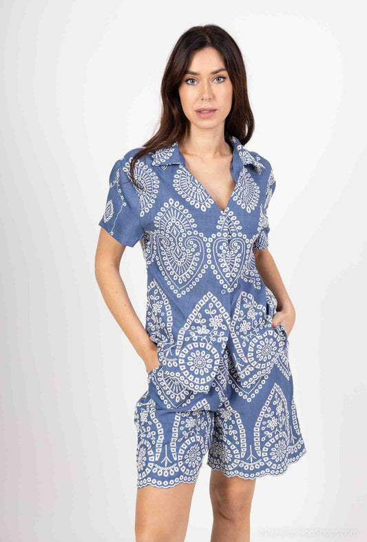 Ivy Embroidered Buttom Up Shirt - Blue
