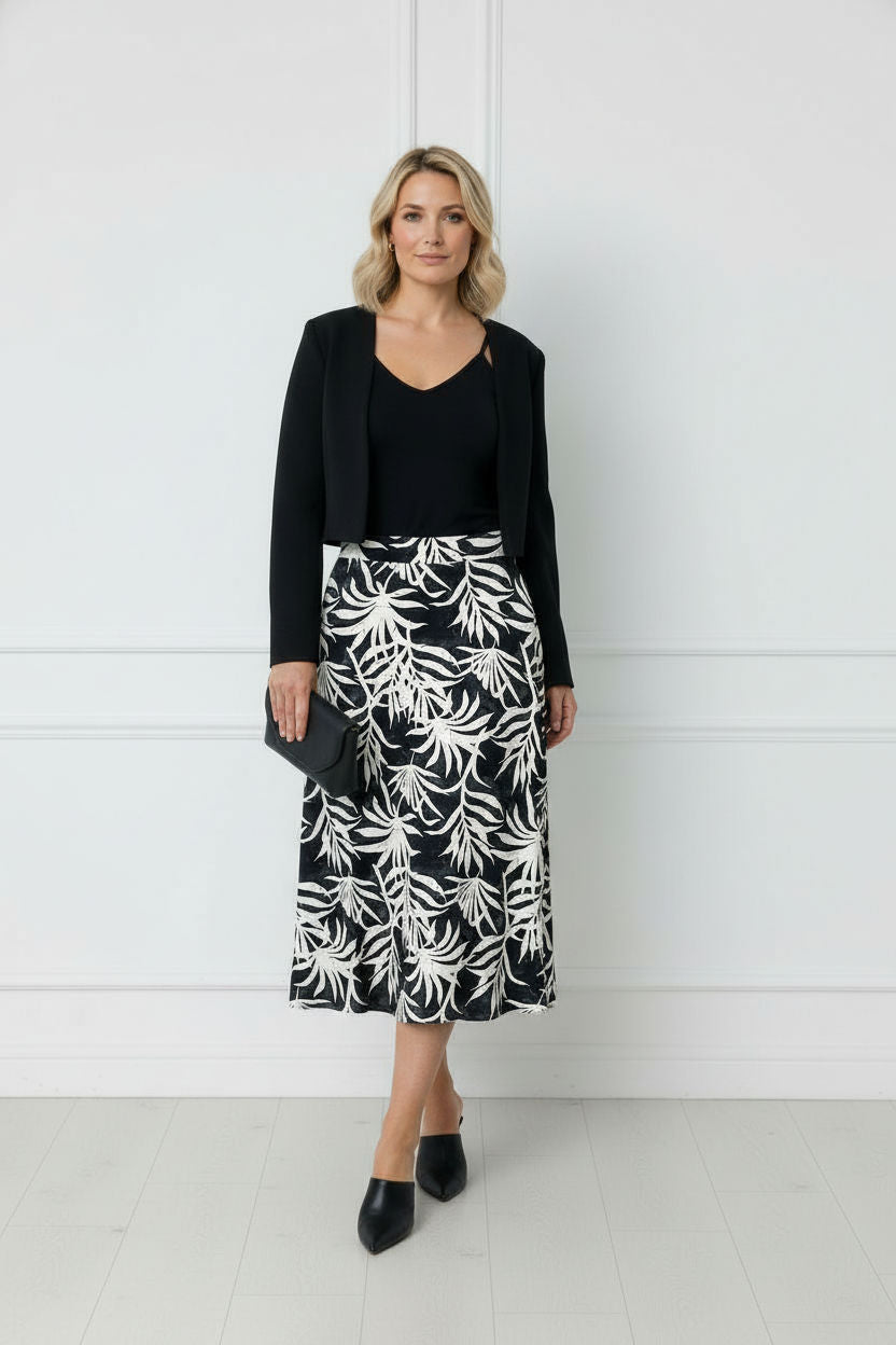 Giulia Printed Midi Satin Skirt - Black