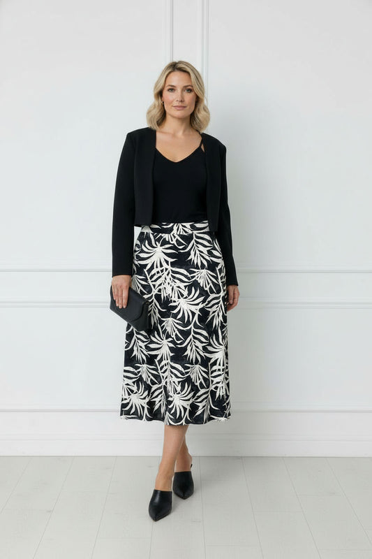 Giulia Printed Midi Satin Skirt - Black