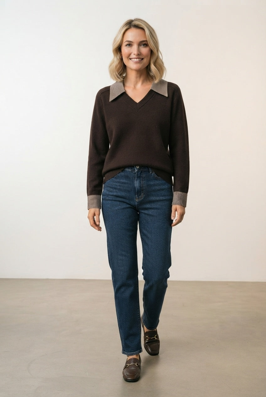 Vivian Check Collar and Cuff Sweater - Choco Brown