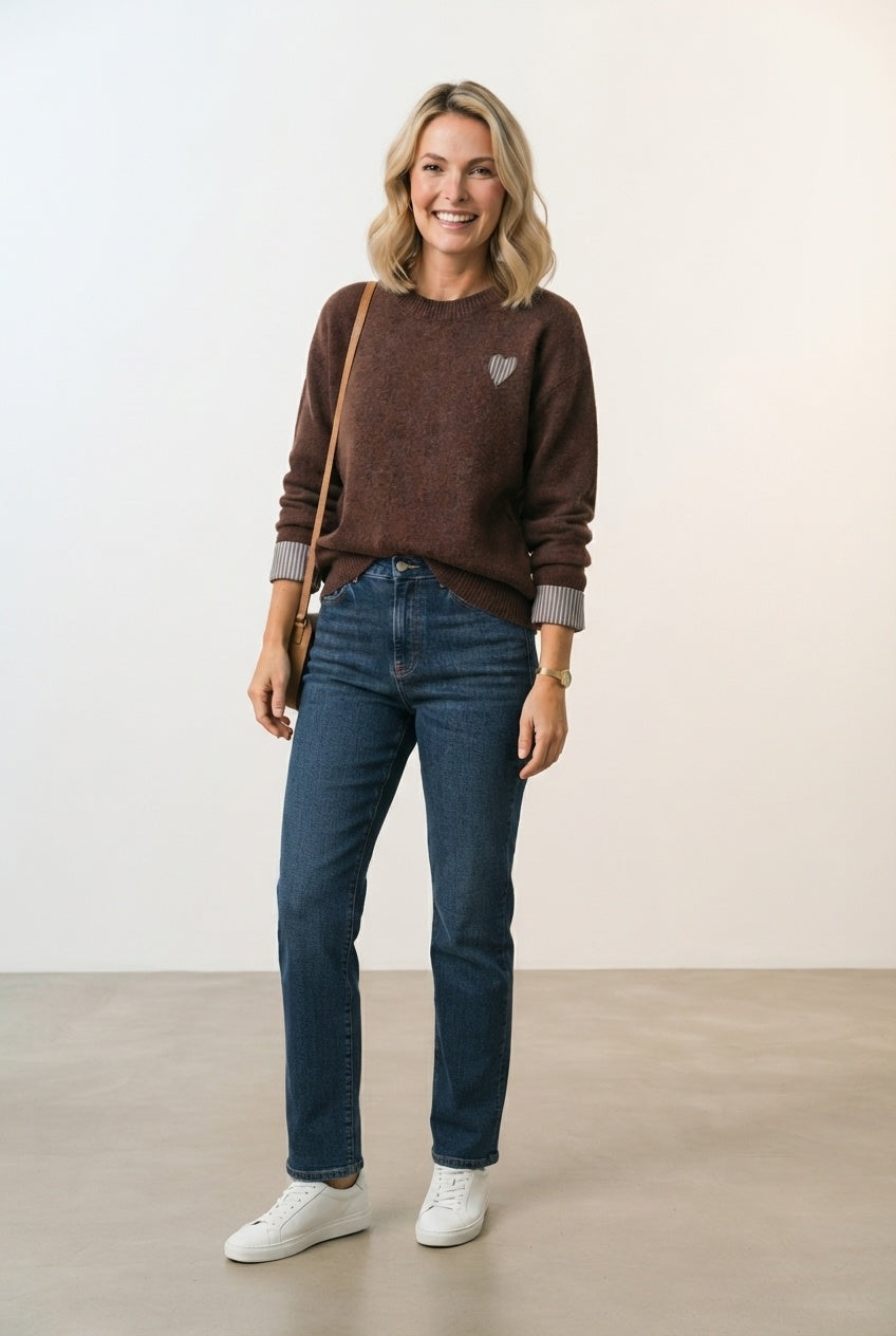 Aoife Knit Sweater with Check Prints - Choco Brown