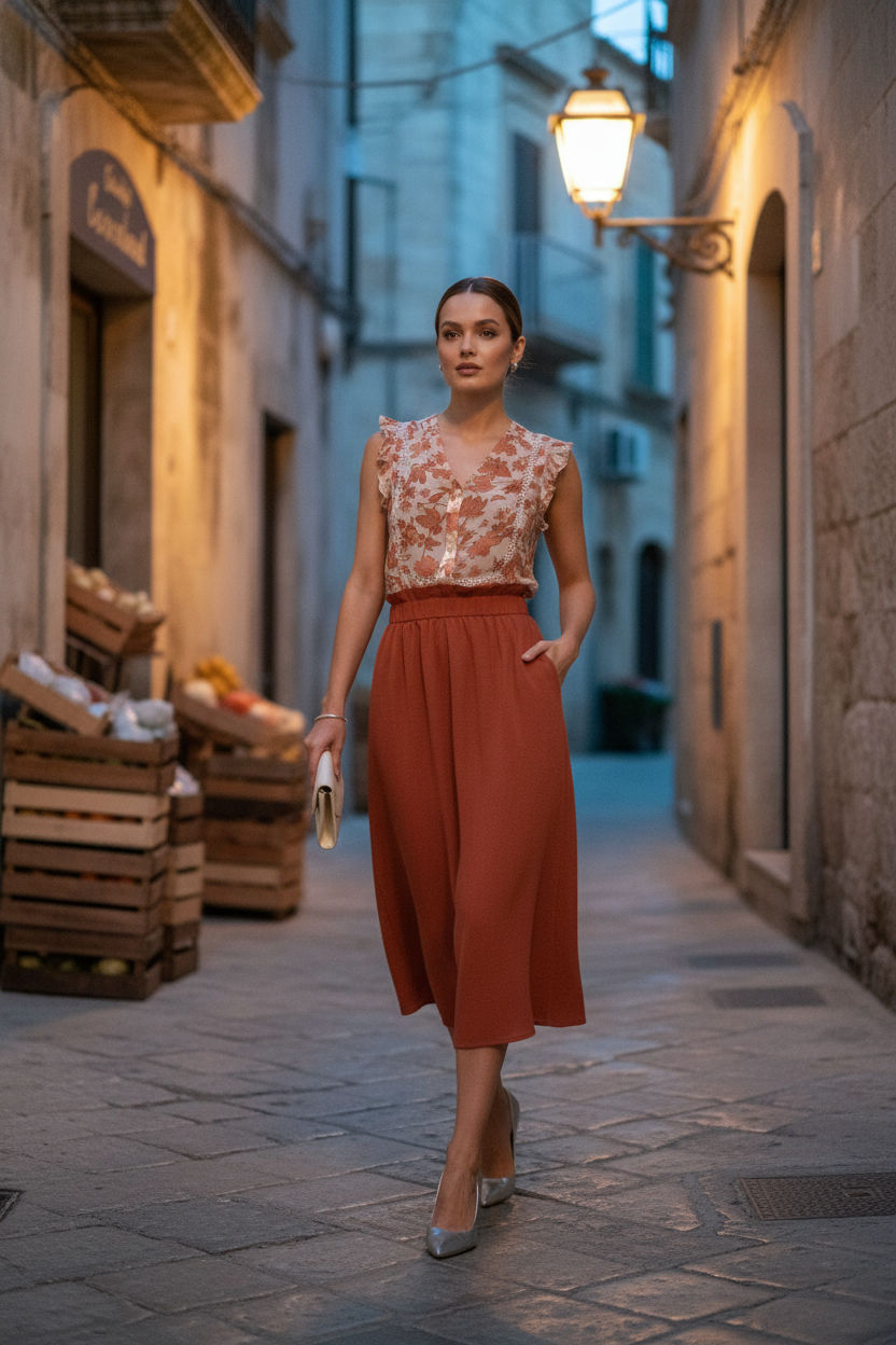 Sonya Elasticated Midi Skirt - Rust