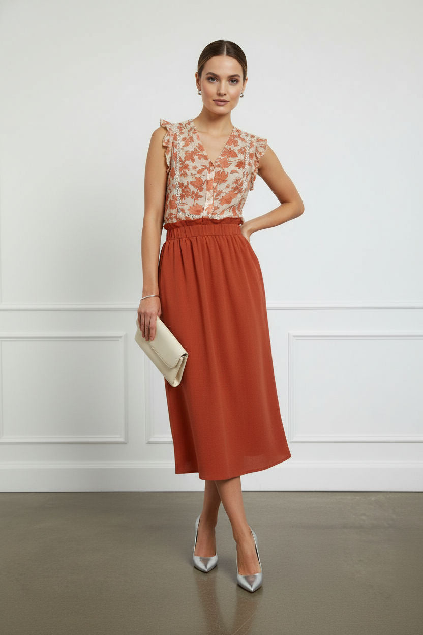 Sonya Elasticated Midi Skirt - Rust