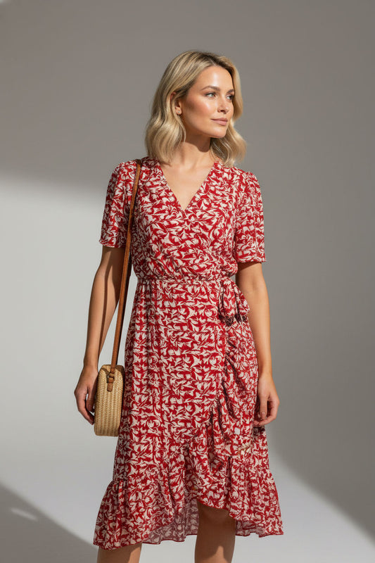 Sofia Printed Ruffle Dress - Red
