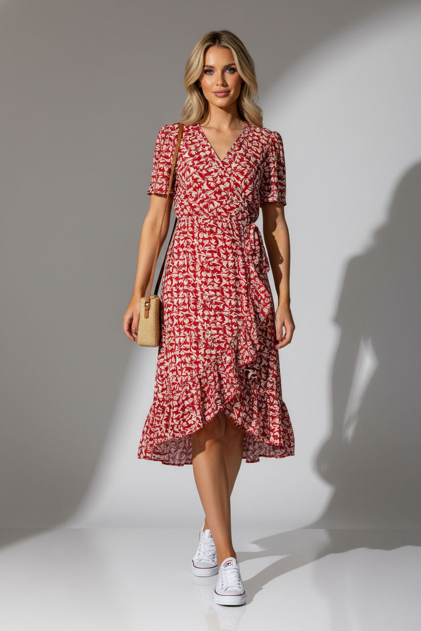 Sofia Printed Ruffle Dress - Red