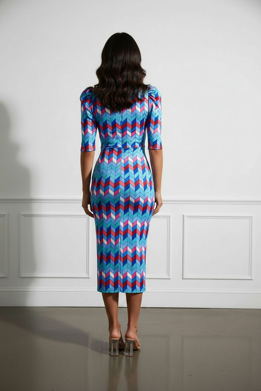Vivi Printed Pencil Dress with Front Slit - Multicolour