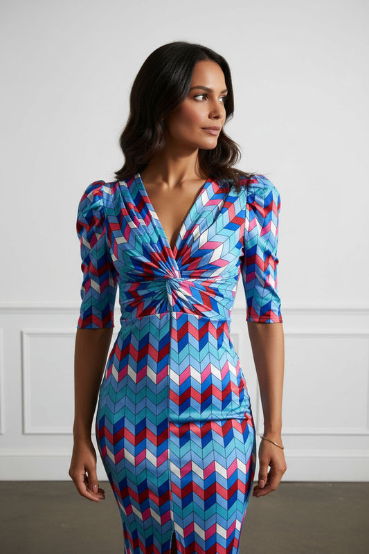 Vivi Printed Pencil Dress with Front Slit - Multicolour