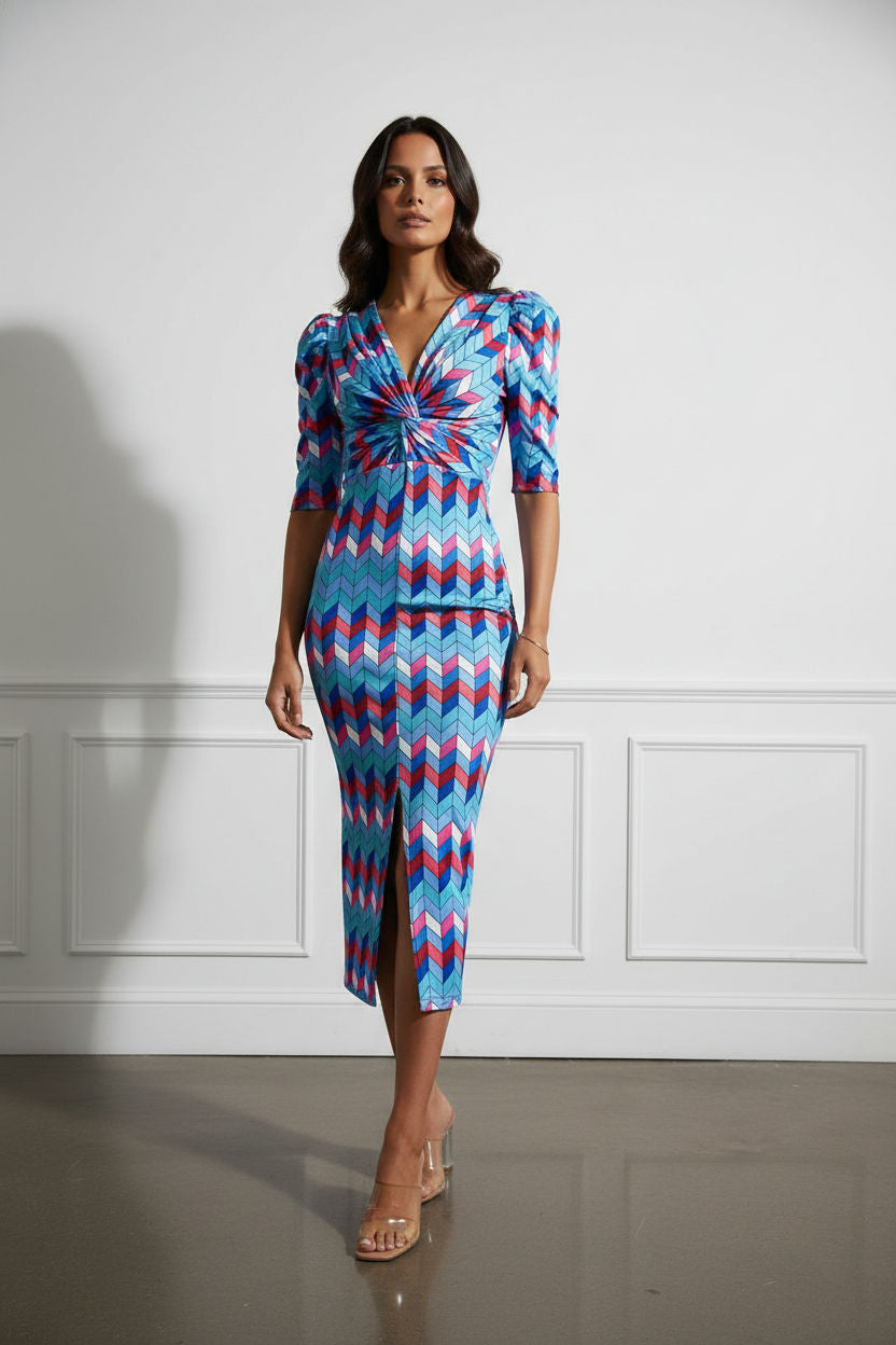 Vivi Printed Pencil Dress with Front Slit - Multicolour