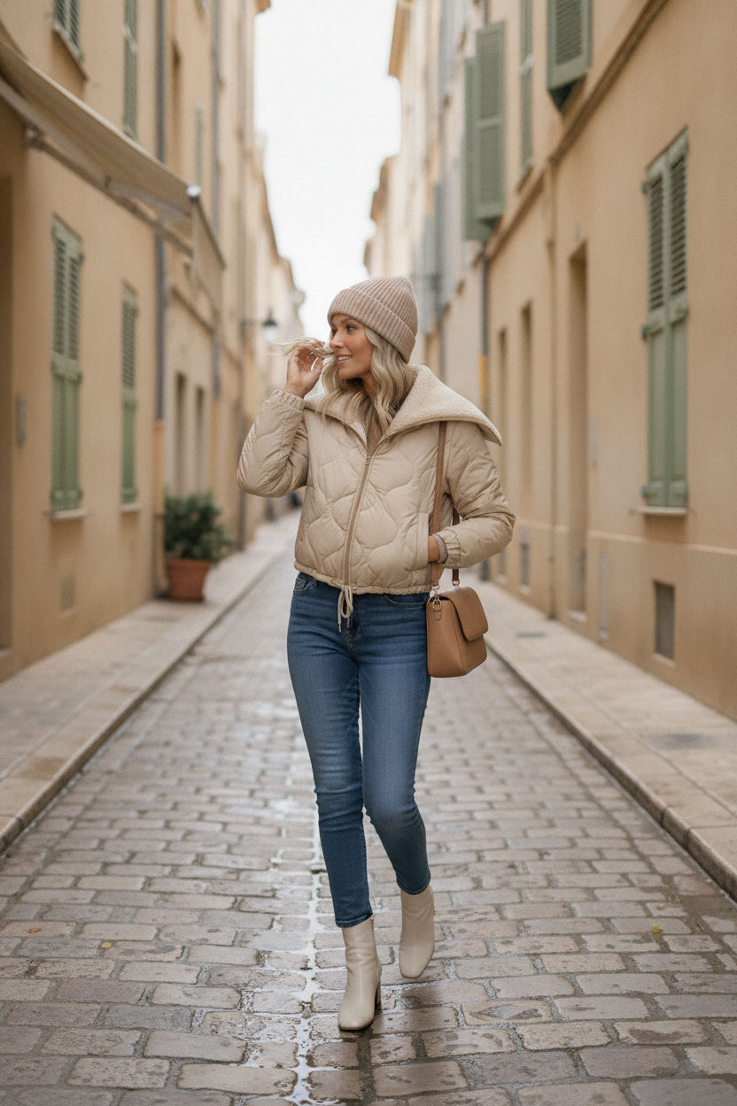 Tilly Cropped Puffer Jacket With Fur Lapel - Beige