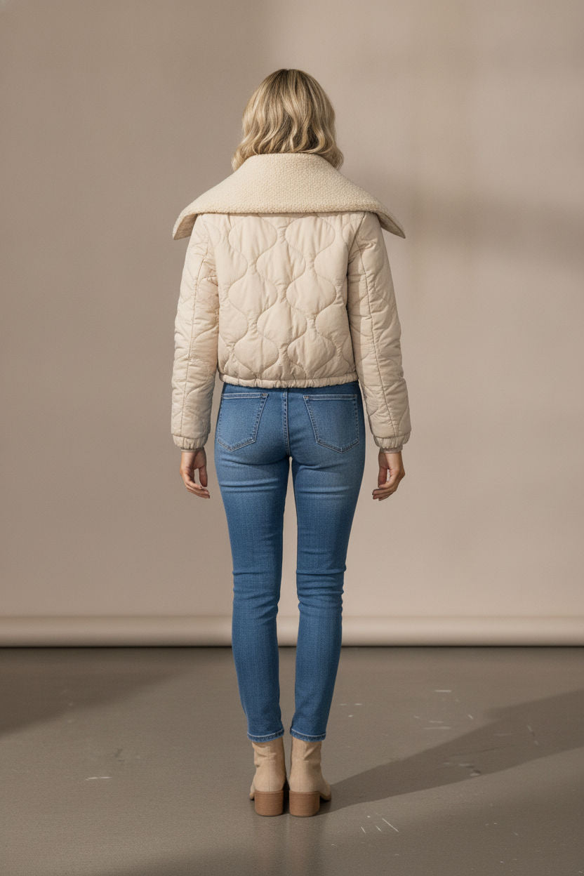 Tilly Cropped Puffer Jacket With Fur Lapel - Beige