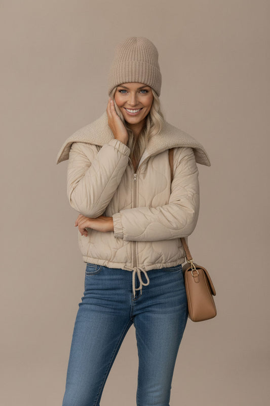 Tilly Cropped Puffer Jacket With Fur Lapel - Beige