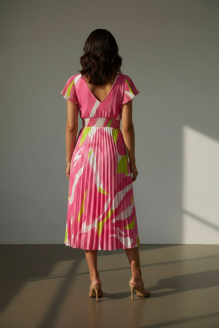 Charlotte Pleated Elasticated Printed Dress - Neon Pink