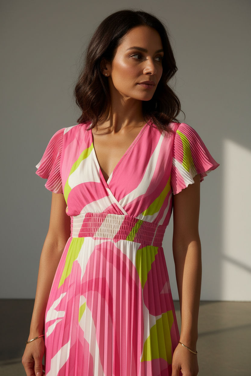 Charlotte Pleated Elasticated Printed Dress - Neon Pink