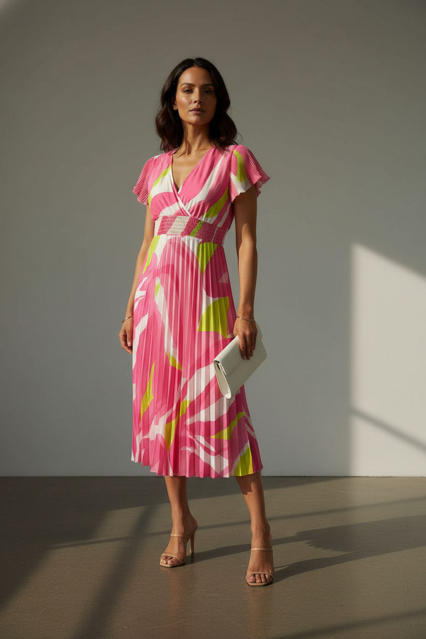 Charlotte Pleated Elasticated Printed Dress - Neon Pink