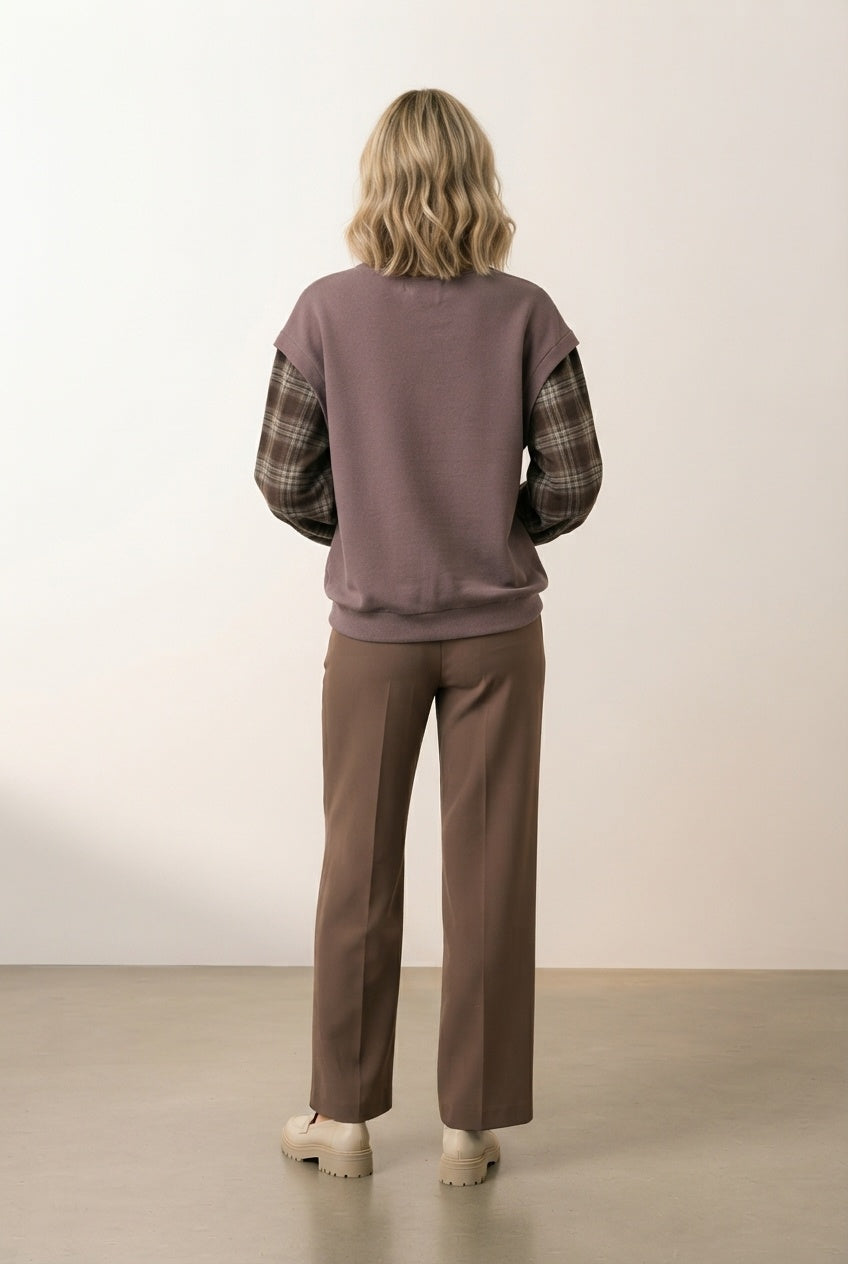 Nicole Sweatshirt with Check Sleeves - Choco Brown