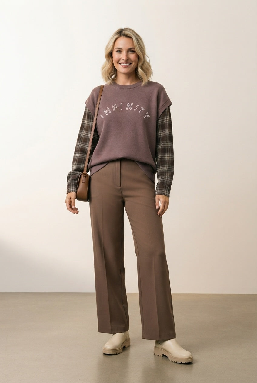 Nicole Sweatshirt with Check Sleeves - Choco Brown