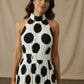 Talia High Neck Polka Dot Pleated Dress - White