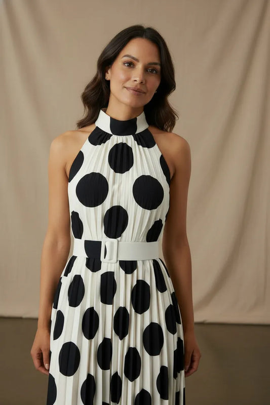 Talia High Neck Polka Dot Pleated Dress - White