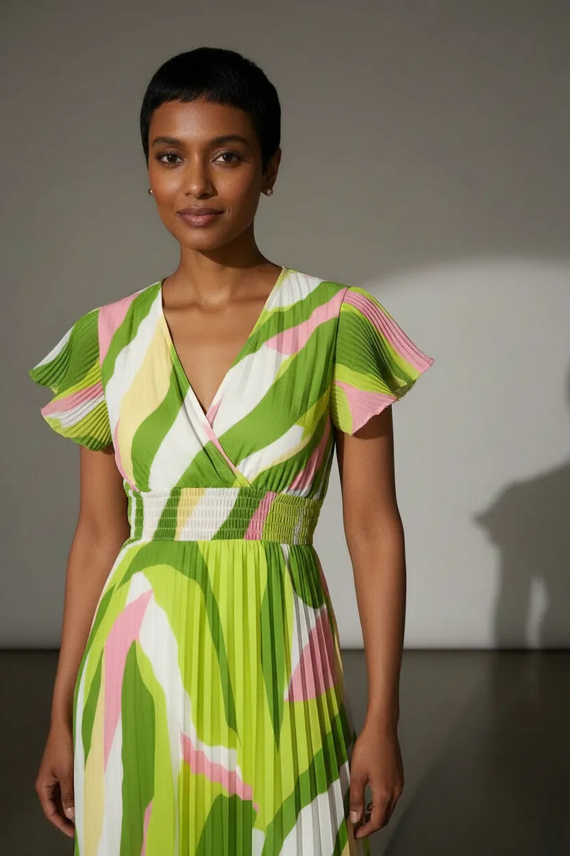 Charlotte Pleated Elasticated Dress - Lime