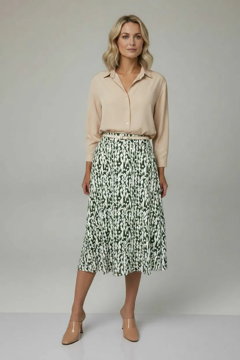 Giulia Printed Midi Satin Skirt - Green