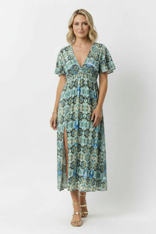 Emma Midi Printed Dress with Front Slit