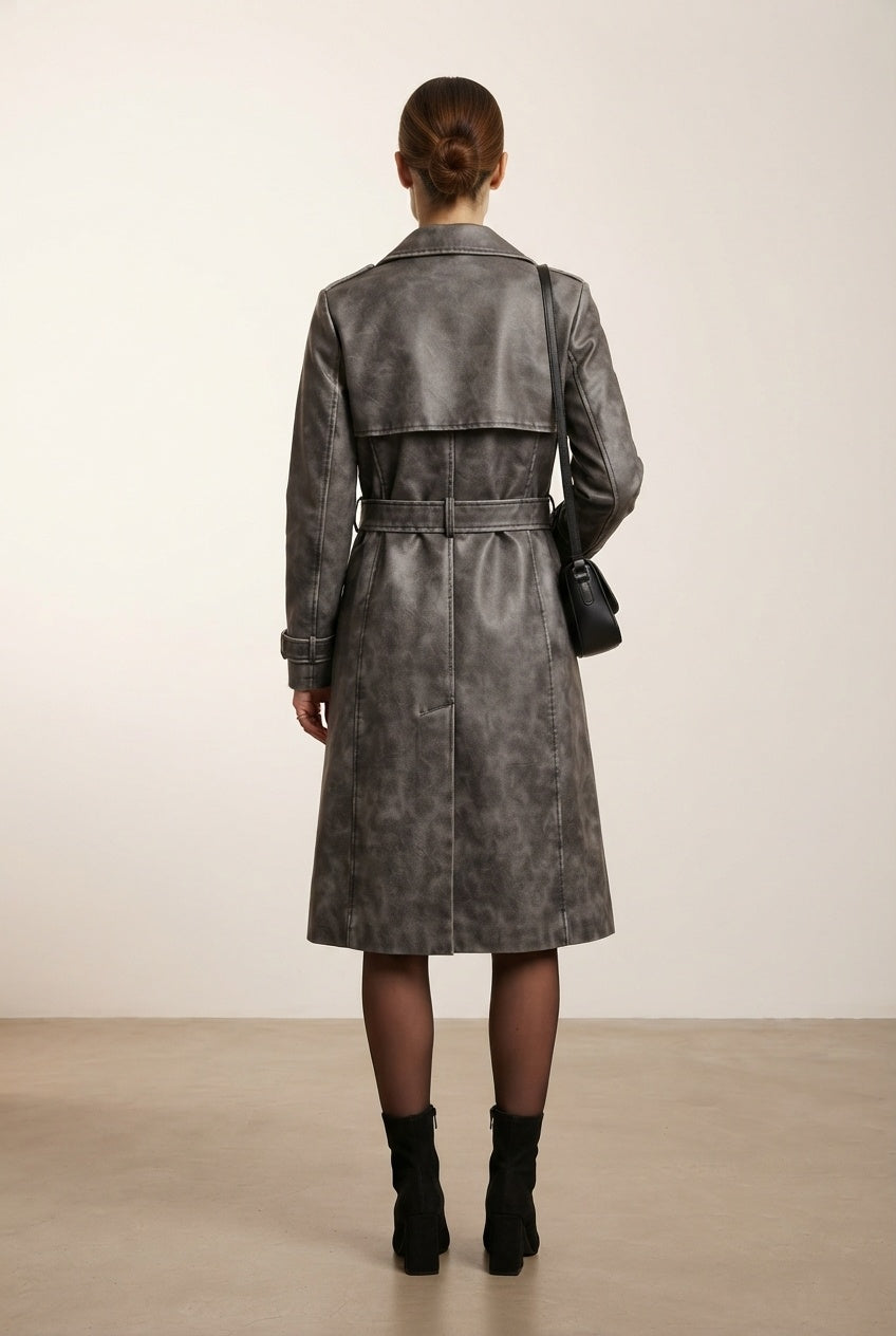Ashley Faux Leather Maxi Trench Coat - Grey