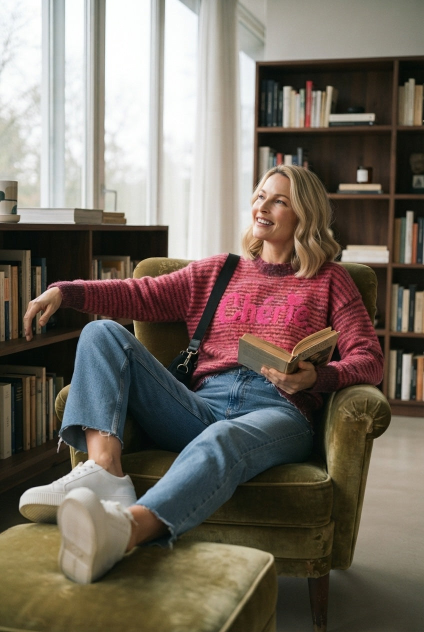 Liz Stripped Logo Knit Sweater - Burgundy