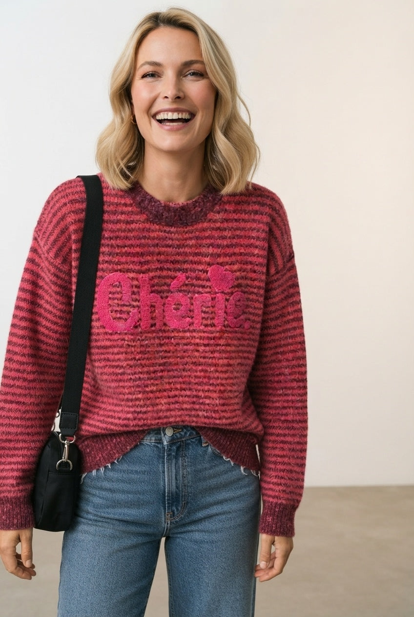 Liz Stripped Logo Knit Sweater - Burgundy