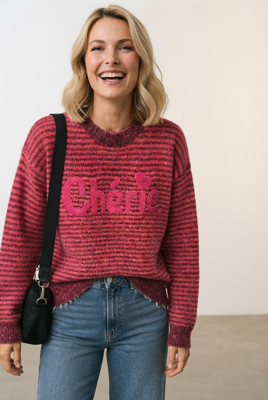 Liz Stripped Logo Knit Sweater - Burgundy