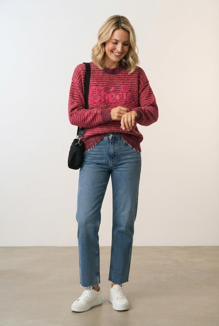 Liz Stripped Logo Knit Sweater - Burgundy