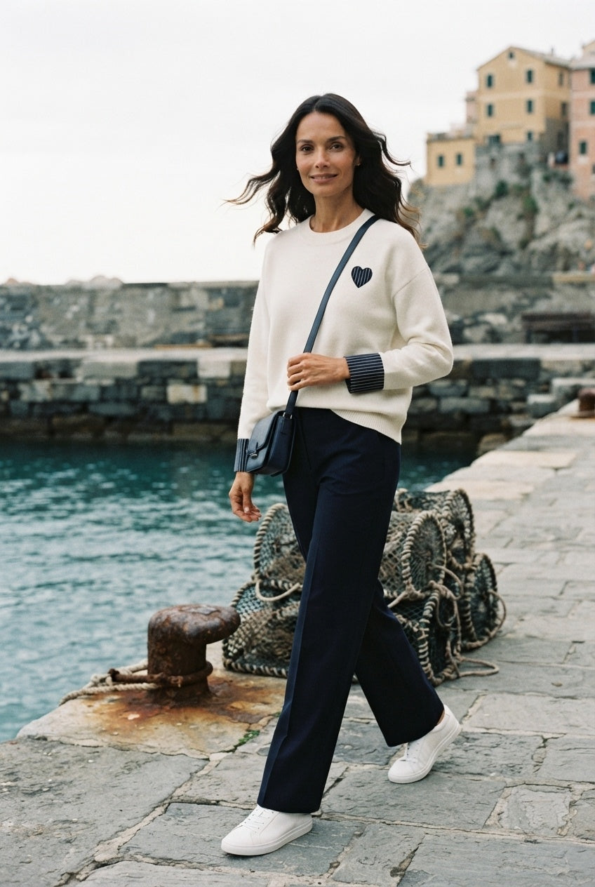 Aoife Knit Sweater with Check Prints - Ecru
