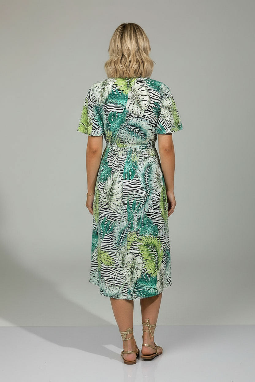 Gracie Midi Dress in Zebra & Green Leaf Print