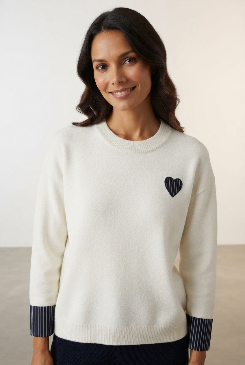 Aoife Knit Sweater with Check Prints - Ecru