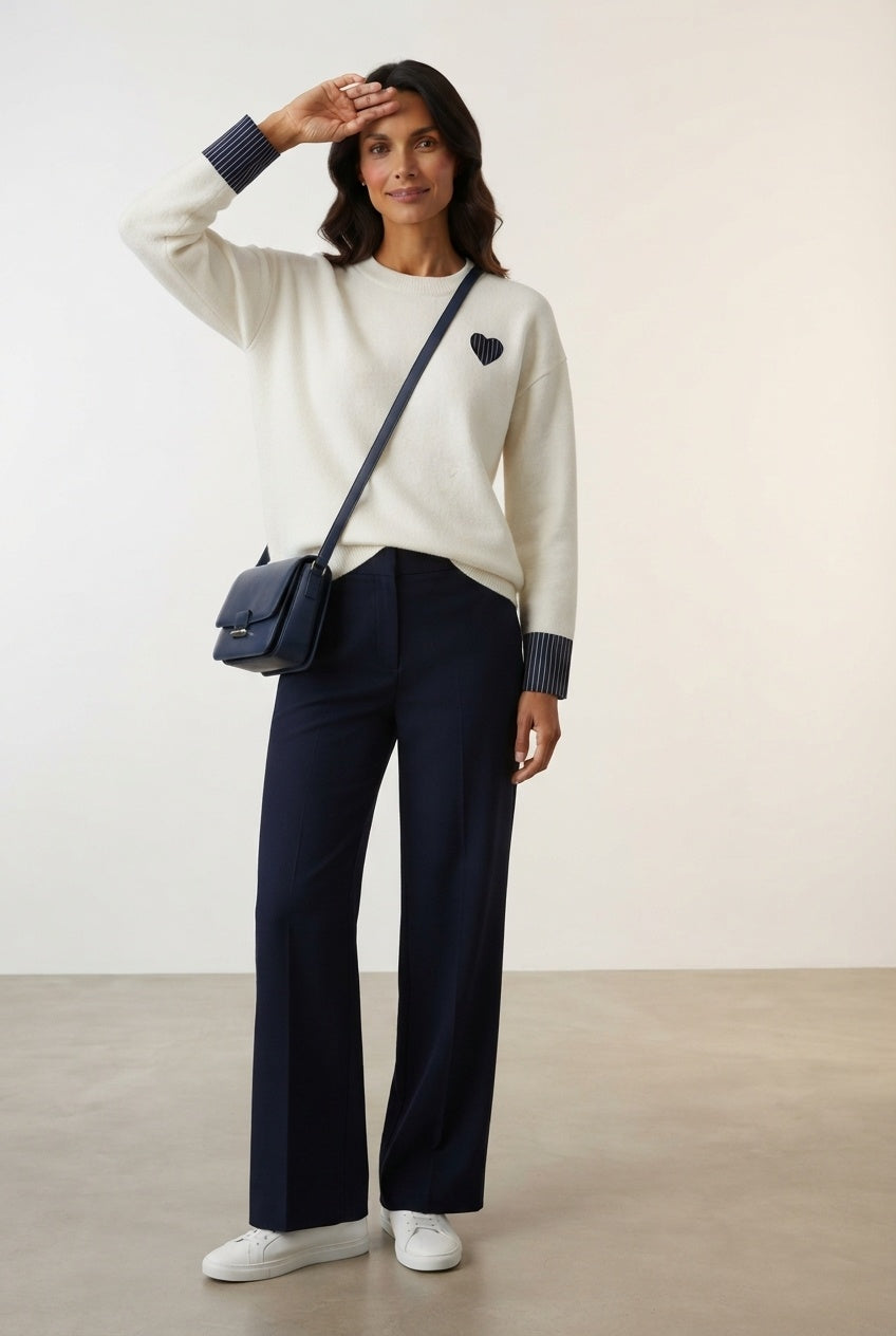 Aoife Knit Sweater with Check Prints - Ecru