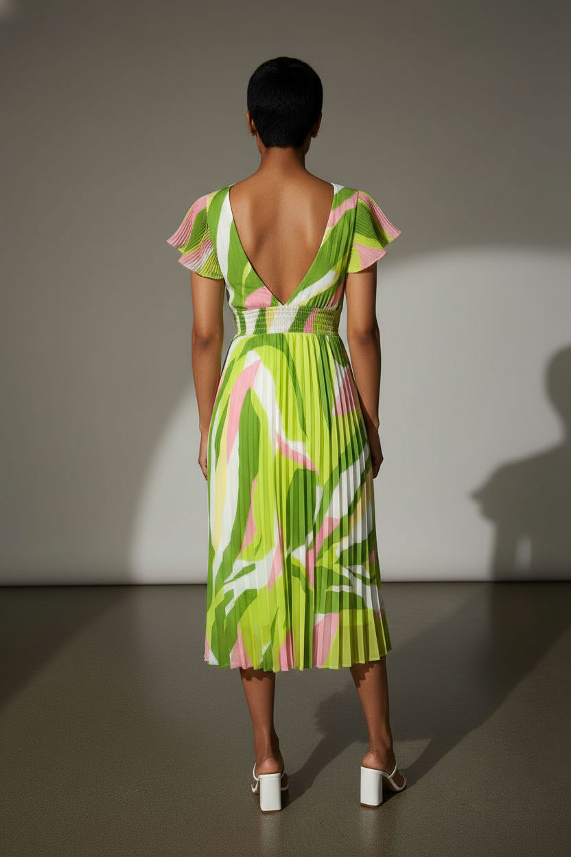 Charlotte Pleated Elasticated Dress - Lime