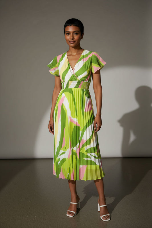 Charlotte Pleated Elasticated Dress - Lime