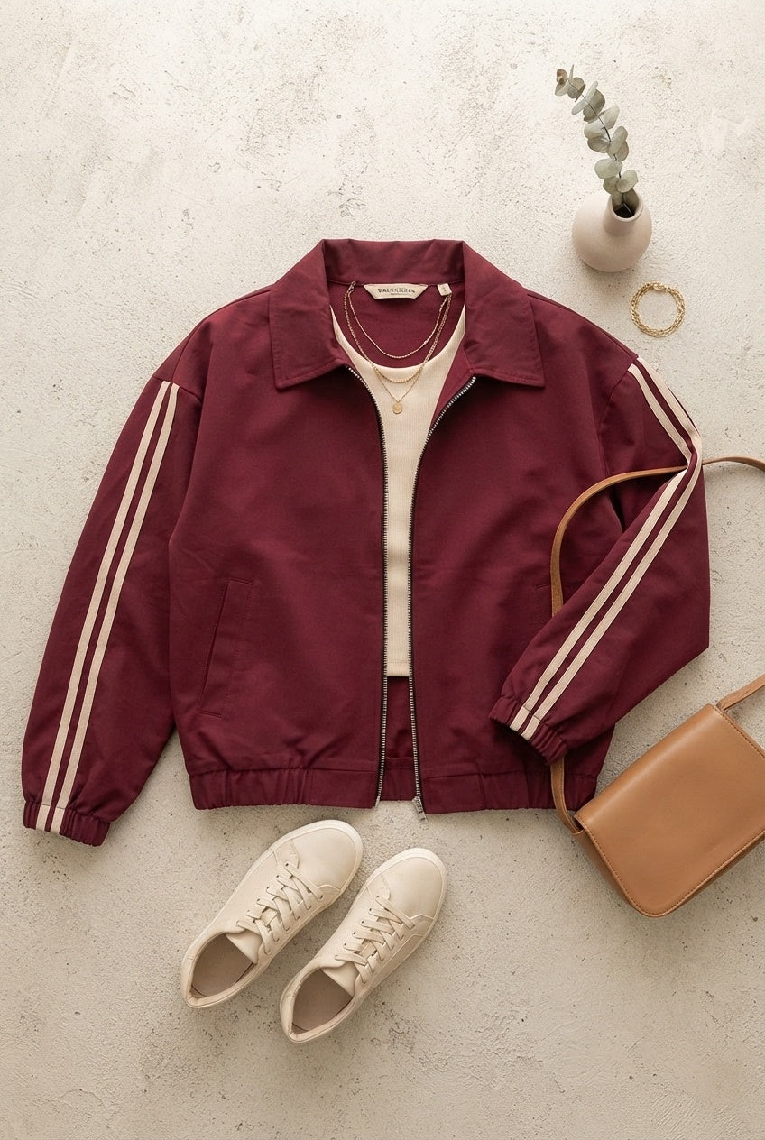 Vivian Striped Bomber Jacket Lightweight Zip Up - Burgundy