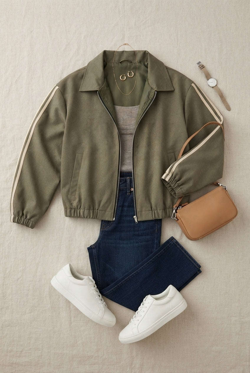 Vivian Striped Bomber Jacket Lightweight Zip Up - Khaki