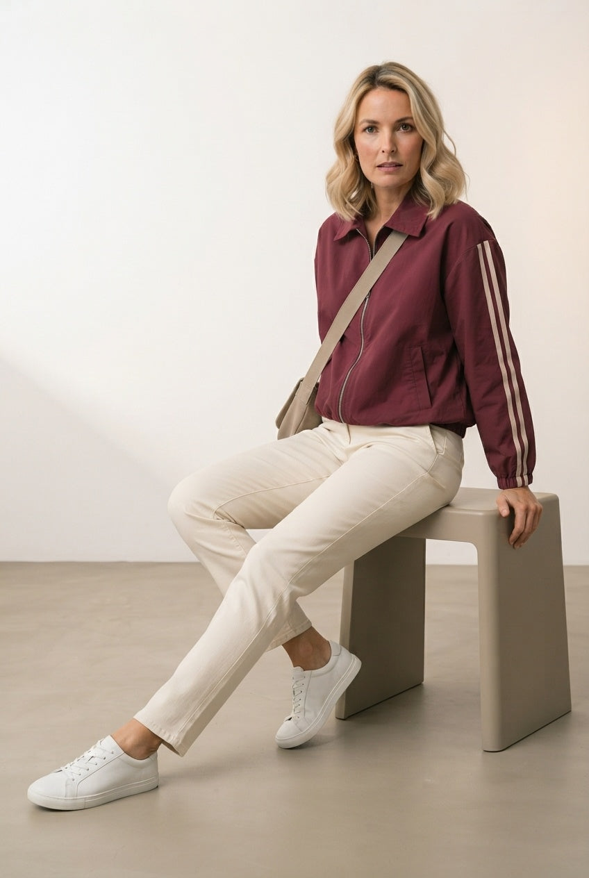 Vivian Striped Bomber Jacket Lightweight Zip Up - Burgundy