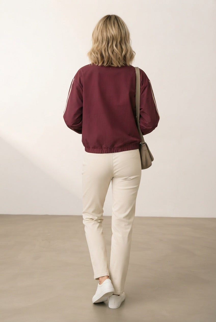 Vivian Striped Bomber Jacket Lightweight Zip Up - Burgundy