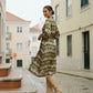 Geo Printed Dress With Belt - Khaki