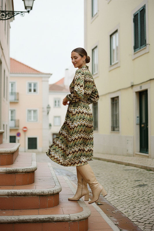 Geo Printed Dress With Belt - Khaki