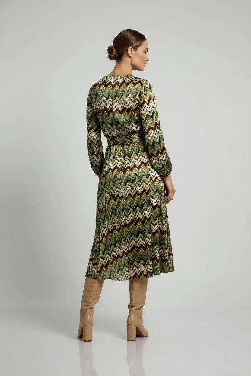 Geo Printed Dress With Belt - Khaki