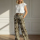 Isabella  Wide Legs Printed Belted Trousers - Khaki