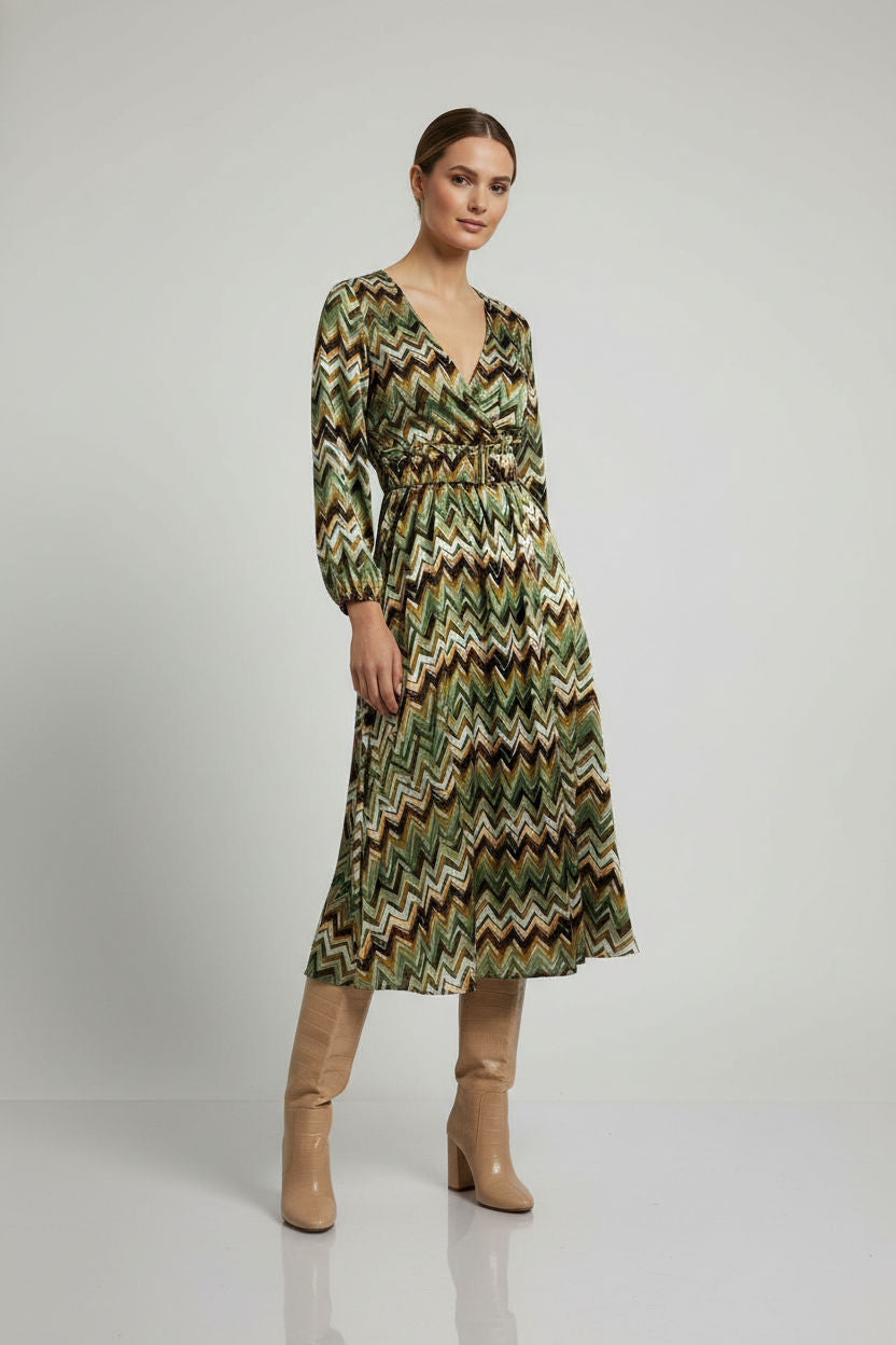 Geo Printed Dress With Belt - Khaki