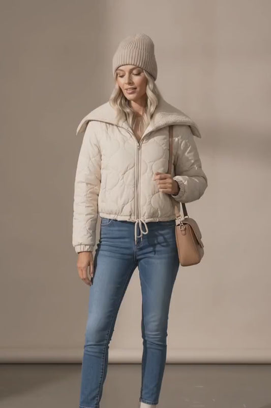 Tilly Cropped Puffer Jacket With Fur Lapel - Beige