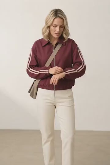 Vivian Striped Bomber Jacket Lightweight Zip Up - Burgundy